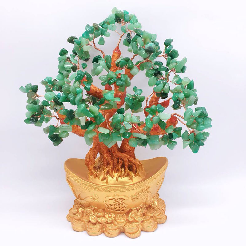 Cây tài lộc bonsai đá thạch anh tự nhiên màu xanh chân đế hình đồng tiền vàng nén