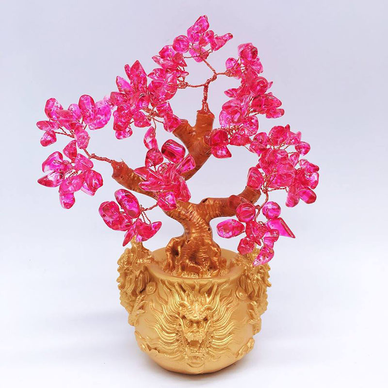 Cây tài lộc bonsai đá thạch anh tự nhiên màu đỏ chân đế mặt rồng