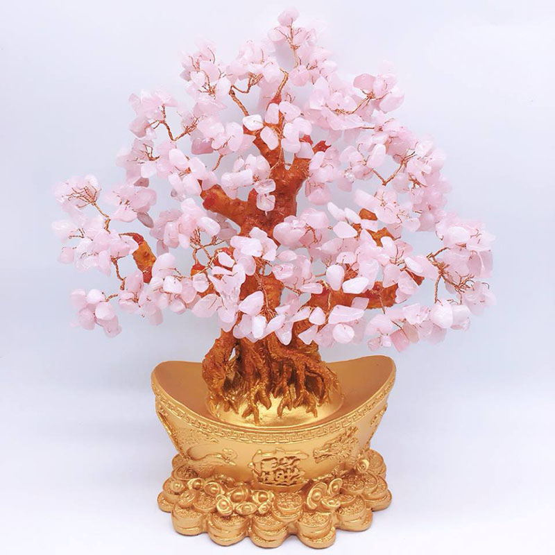 Cây tài lộc bonsai đá thạch anh tự nhiên màu hồng chân đế tiền nén vàng